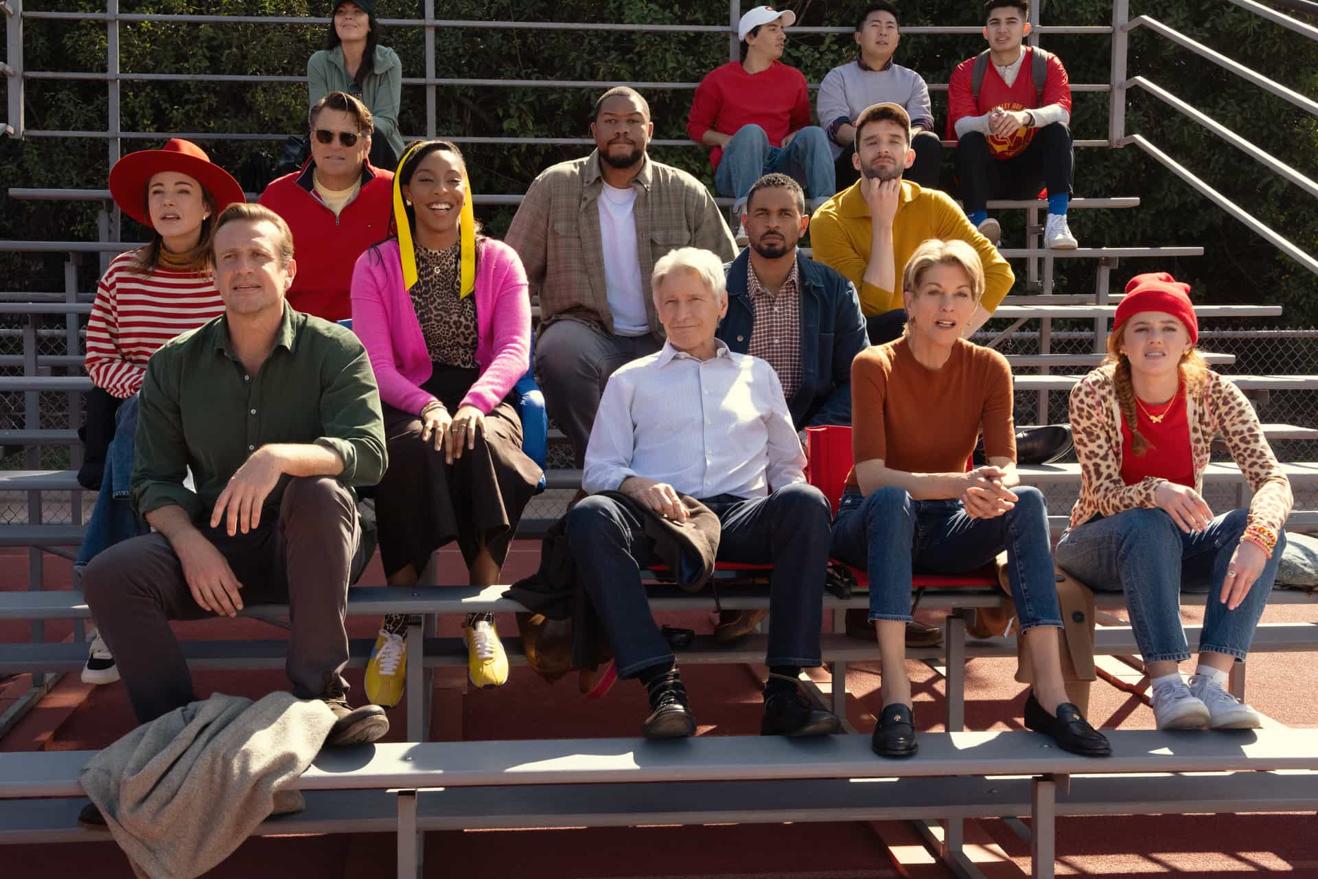 Jason Segel, Christa Miller, Ted McGinley, Jessica Williams, Luke Tennie, Damon Wayans Jr., Harrison Ford, Michael Urie and Wendie Malick in "Shrinking," now streaming on Apple TV.