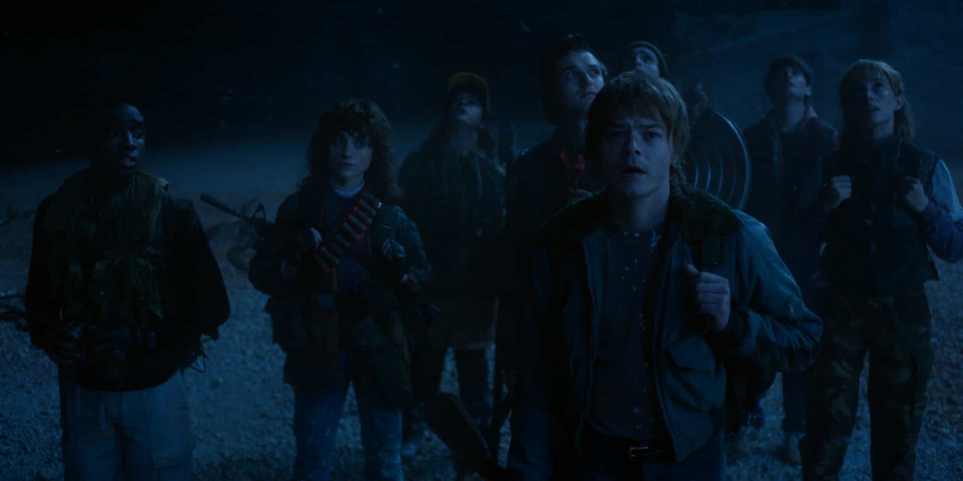 STRANGER THINGS: SEASON 5. (L to R) Caleb McLaughlin as Lucas Sinclair, Natalia Dyer as Nancy Wheeler, Gaten Matarazzo as Dustin Henderson, Joe Keery as Steve Harrington, Charlie Heaton as Jonathan Byers, Finn Wolfhard as Mike Wheeler, Noah Schnapp as Will Byers, and Maya Hawke as Robin Buckley in Stranger Things: Season 5. Cr. Courtesy of Netflix/Netflix © 2025