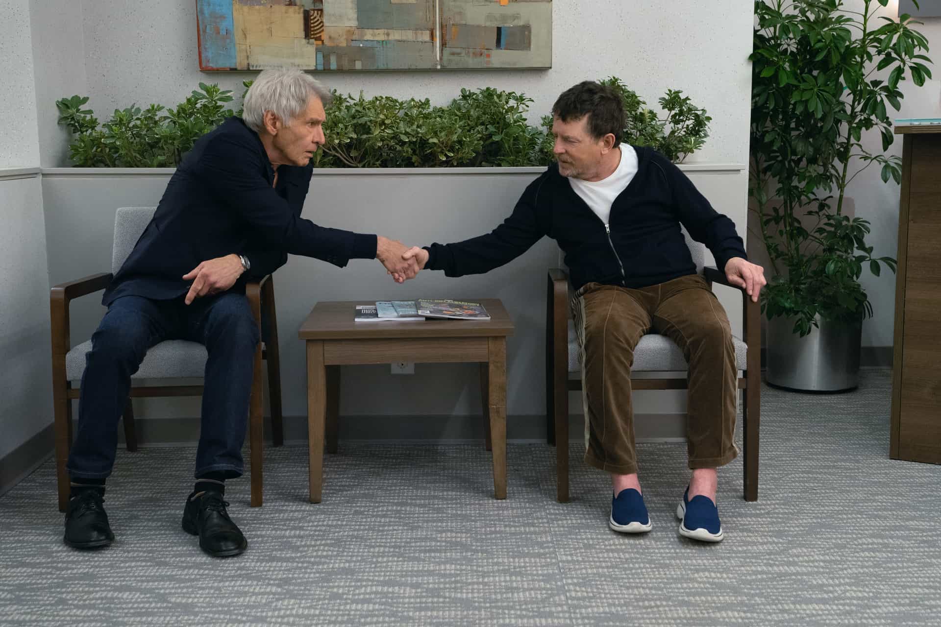 Harrison Ford and Michael J. Fox in "Shrinking," now streaming on Apple TV.