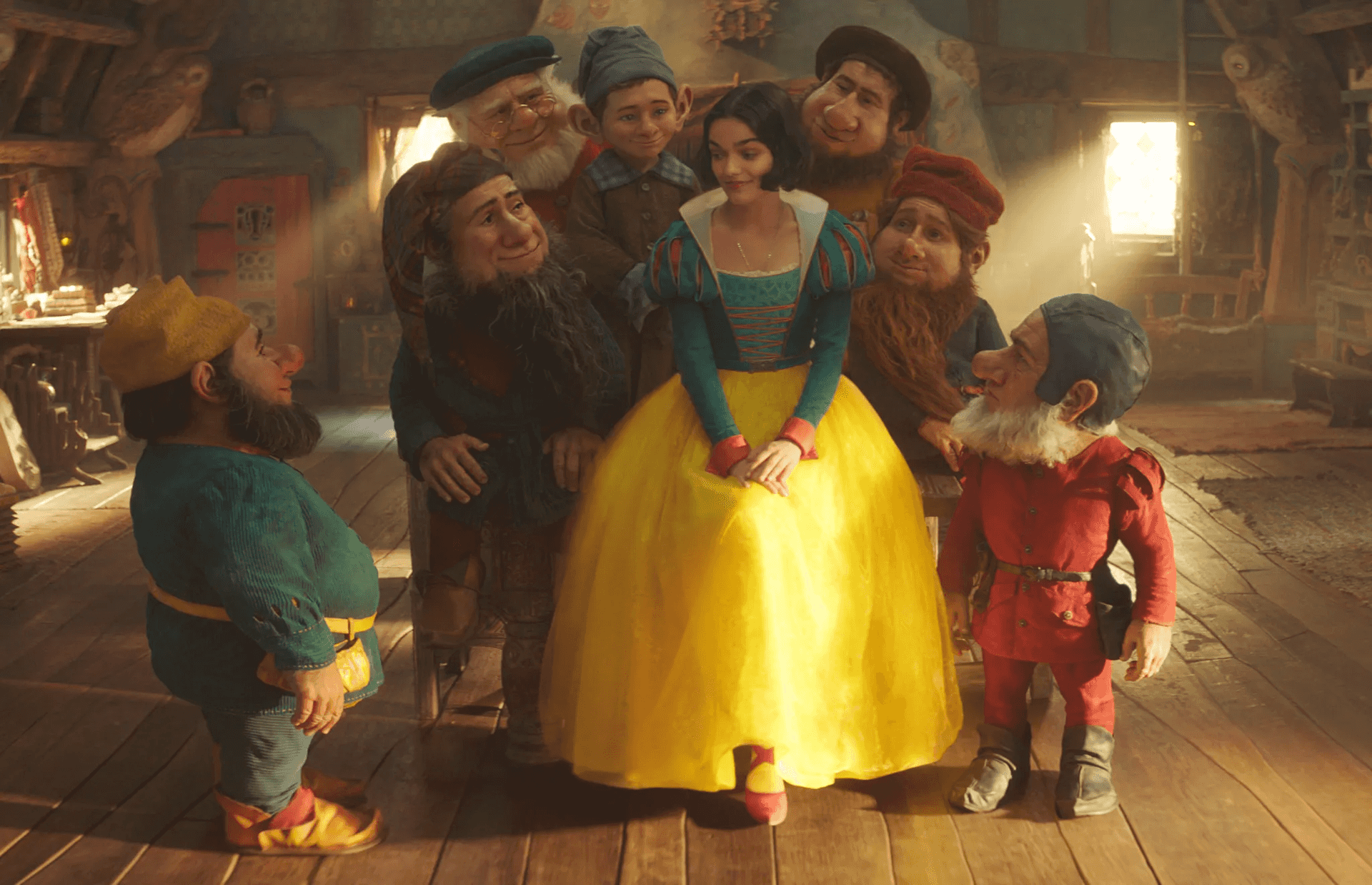Rachel Ziegler and the dwarfs in Snow White (2025)