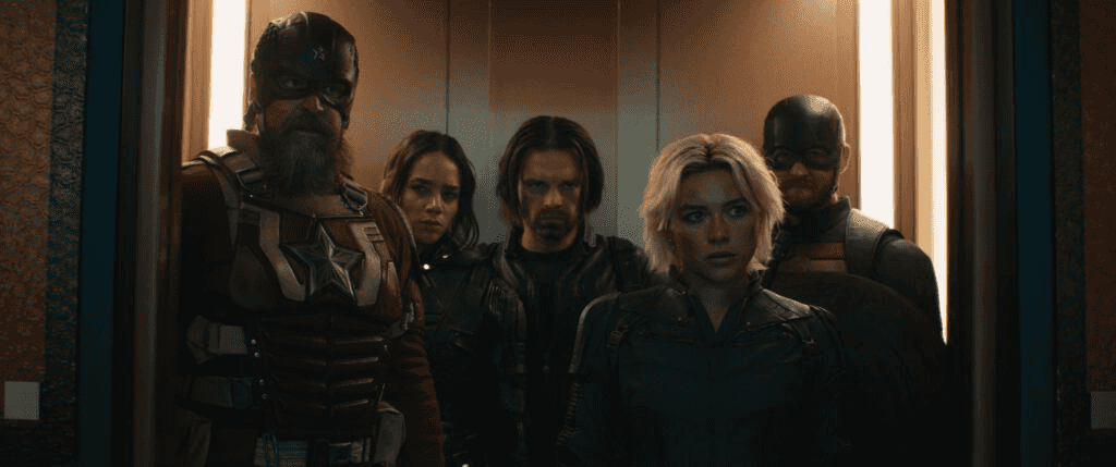 Alexei Shostakov/Red Guardian (David Harbour), Ghost (Hannah John-Kamen), Bucky Barnes (Sebastian Stan), Yelena Belova (Florence Pugh), and John Walker (Wyatt Russell) in Marvel Studios' THUNDERBOLTS*. Photo courtesy of Marvel Studios. © 2024 MARVEL.