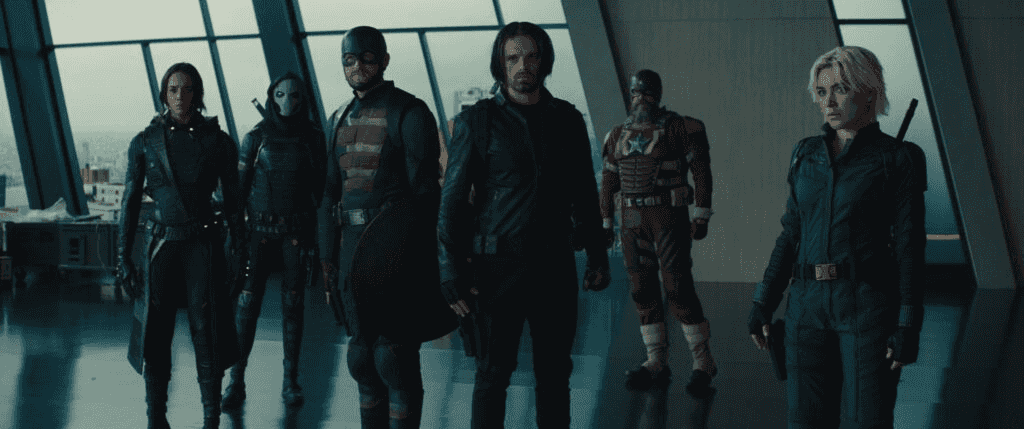 (L-R): Ghost (Hannah John-Kamen), Taskmaster (Olga Kurylenko), John Walker (Wyatt Russell), Bucky Barnes (Sebastian Stan), Alexei Shostakov/Red Guardian (David Harbour), and Yelena Belova (Florence Pugh) in Marvel Studios' THUNDERBOLTS*. Photo courtesy of Marvel Studios. © 2024 MARVEL.