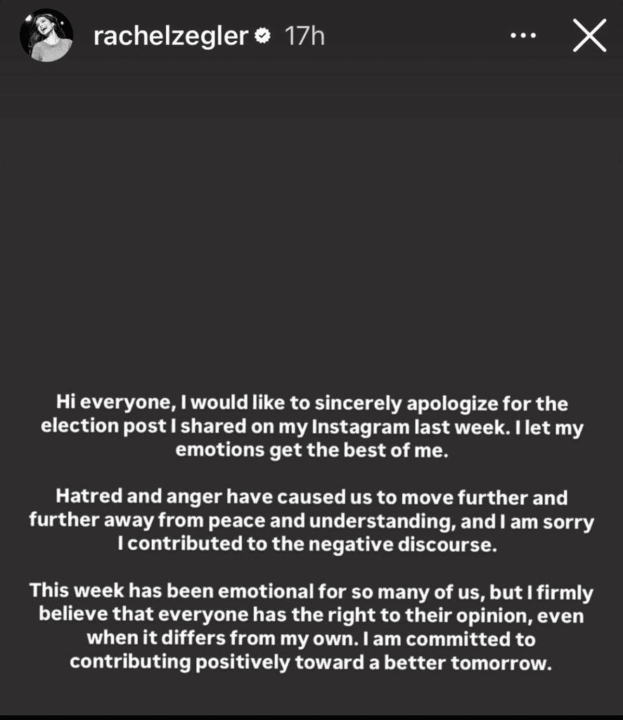 Zegler's apologize for her Instagram stories