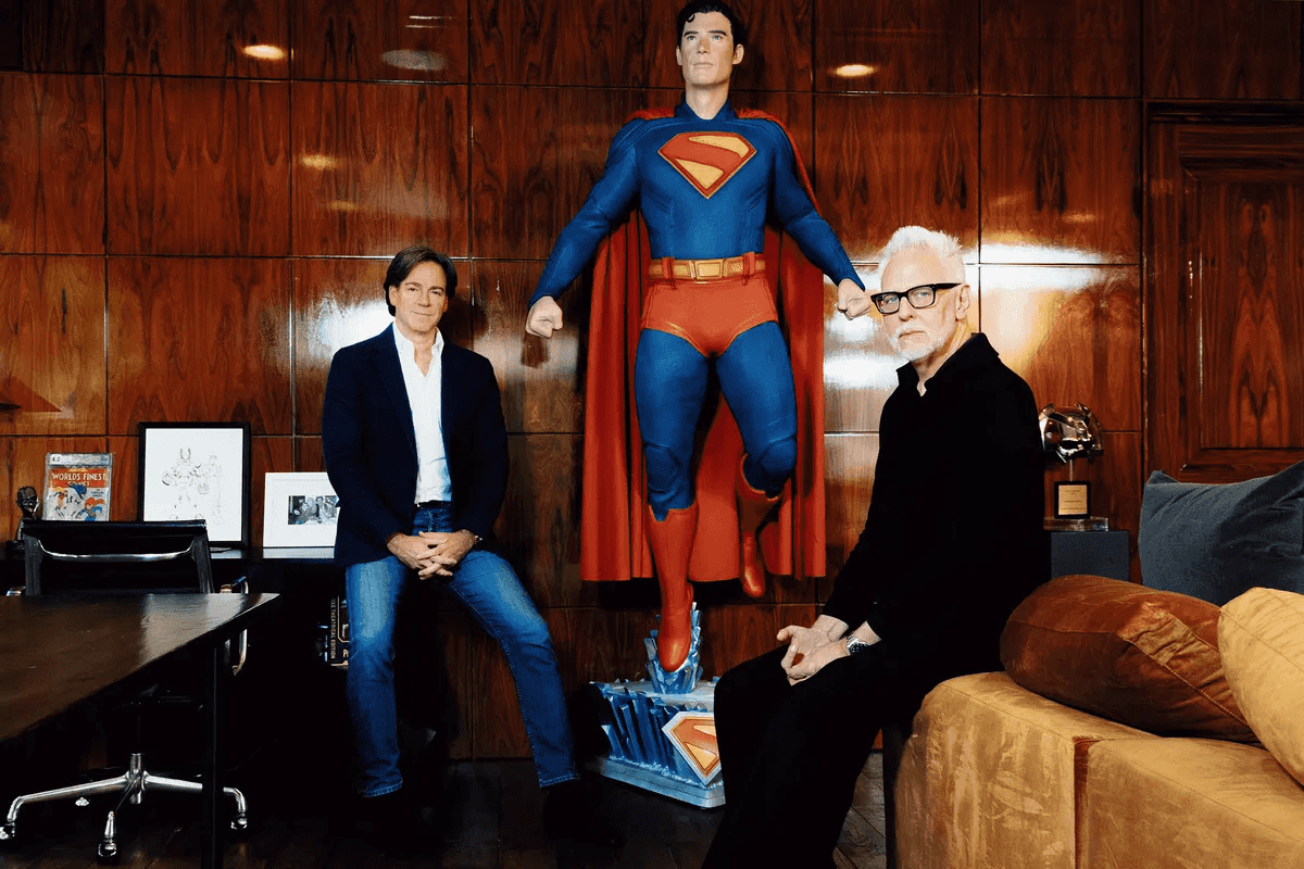 Peter Safran and James Gunn at the Warner Bros. lot in Los Angeles on Dec 5.Photographer: Nate Sturley for Bloomberg Businessweek
